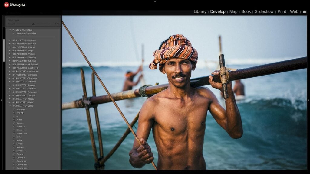 Adobe Lightroom Classic software interface showing the left-side Presets panel open, with the vivid 35mm Slide look applied to a travel portrait of a man holding a wooden pole in the water.