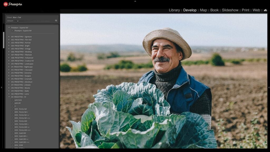 Adobe Lightroom Classic software interface displaying the left-side Presets panel open. An edit inspired by the Fuji Superia 100 film is applied to a vibrant portrait of a farmer holding a cabbage, showcasing inspired deep color blending.