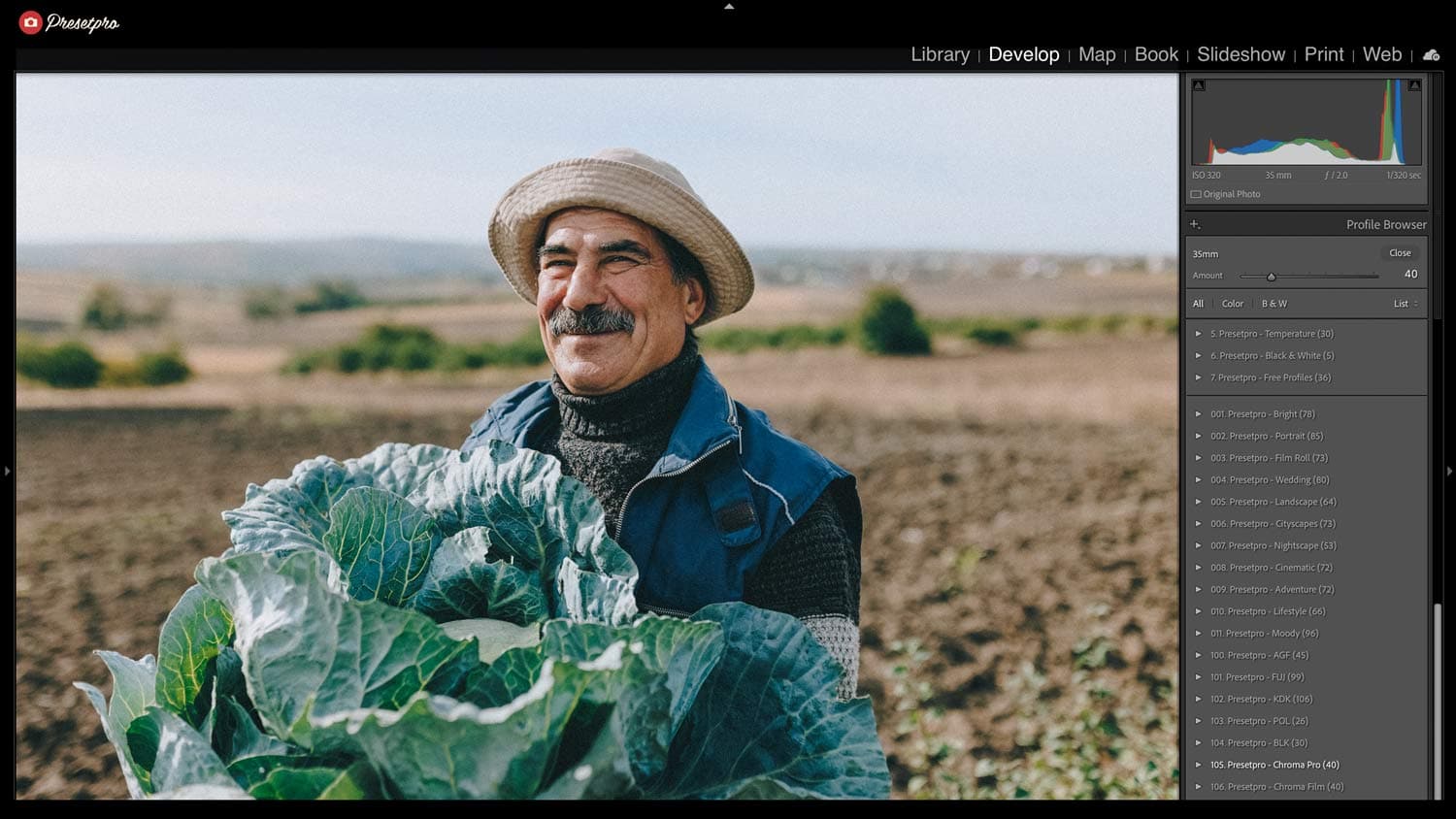Adobe Lightroom Classic software interface showing the right-side Profile Browser open. An inspired edit, inspired by the Fuji Superia 100 film, is applied to a portrait of a farmer with a cabbage, highlighting inspired rich analog warmth.