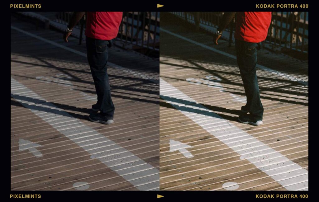 A split-screen before and after comparison of a person walking on a sunlit wooden walkway. The right side demonstrates the Pixelmints P400 Lightroom profile, inspired by Kodak Portra 400, adding rich tonal depth and analogue warmth to the deep shadows.