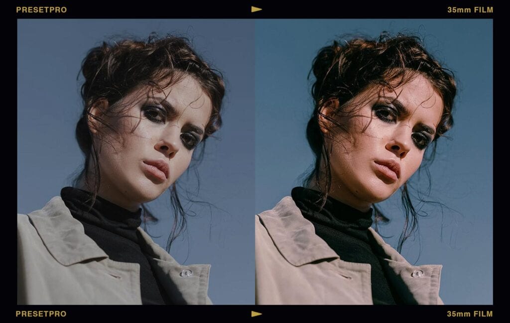 A split-screen before and after editing comparison of a fashion portrait featuring a model against a blue sky. The edited right side demonstrates the Free 35mm Film Lightroom preset by Presetpro, showcasing beautifully preserved textures and rich tonal depth.