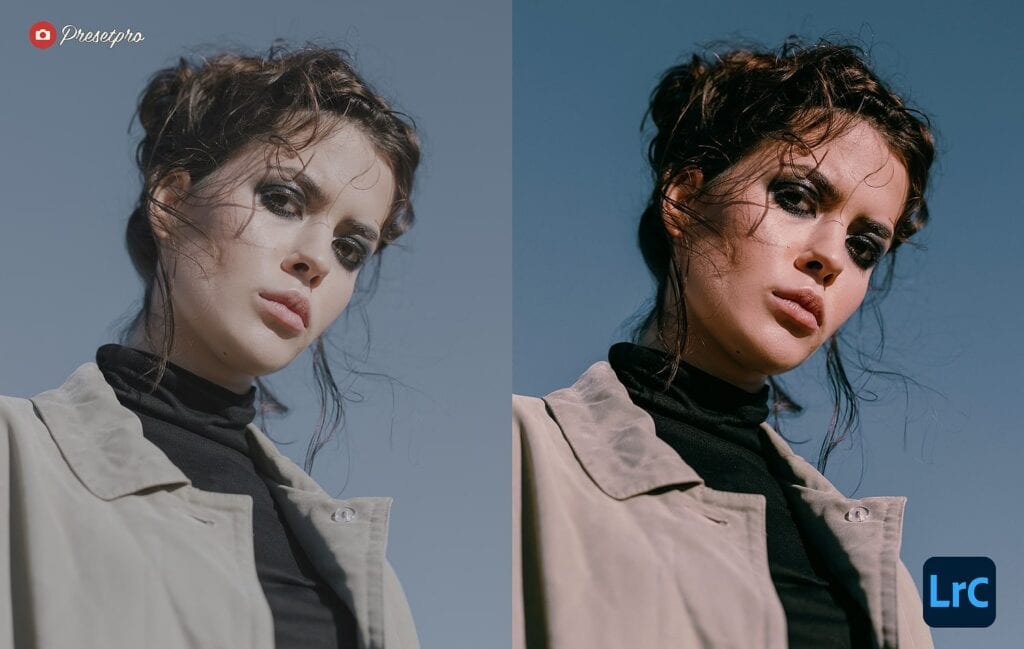 Portrait of a woman with edited skin tone and enhanced contrast using Lightroom preset.