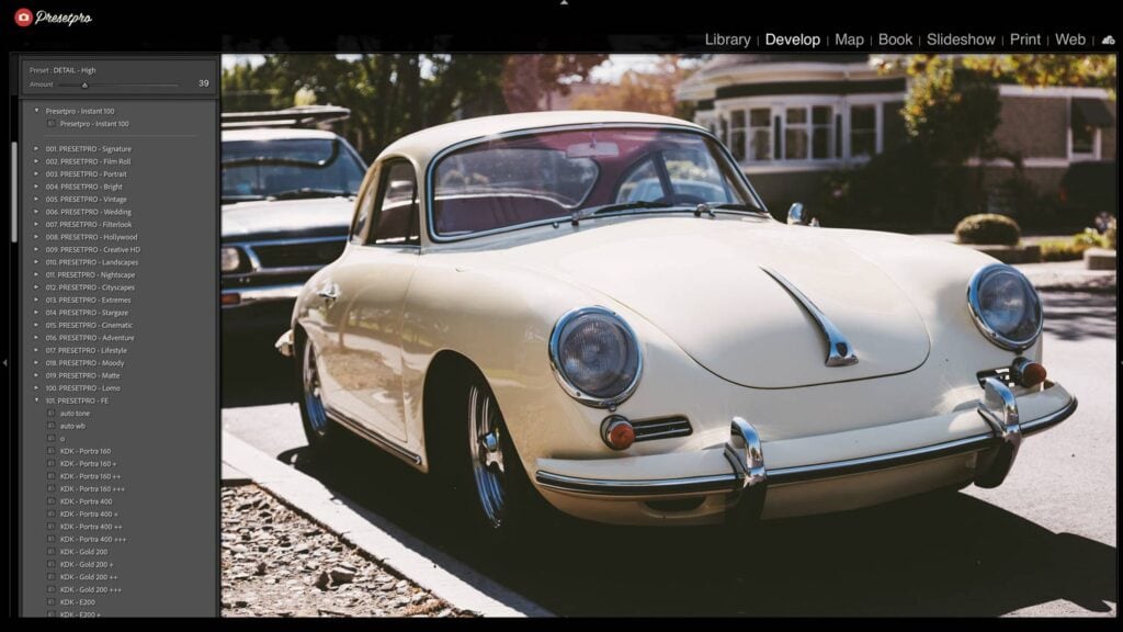 Adobe Lightroom Classic software interface displaying the left-side Presets panel open. An edit inspired by Fuji FP-100C film is applied to a photo of a classic cream-coloured sports car, showcasing rich tonal depth and analogue warmth.