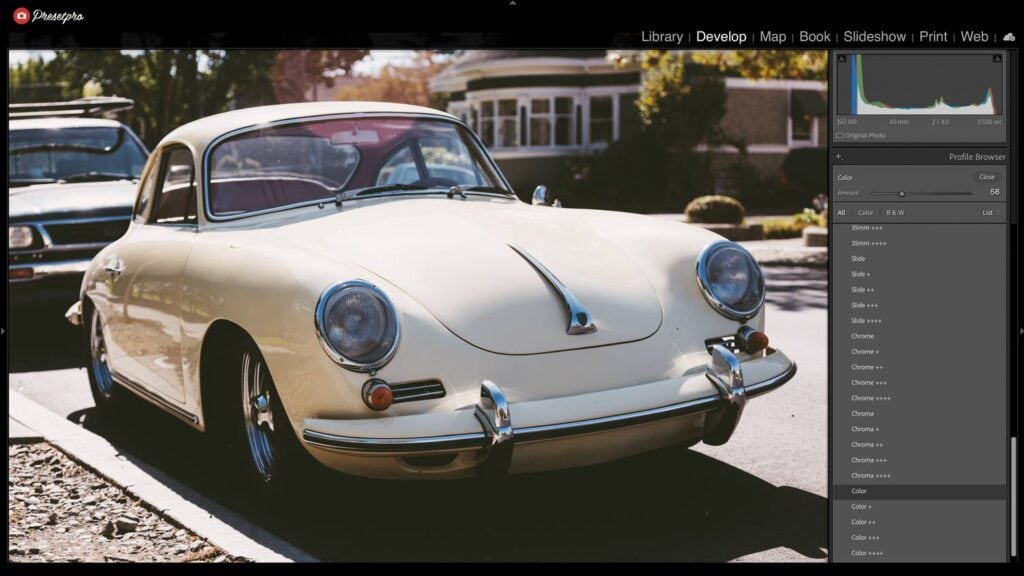 Adobe Lightroom Classic interface displaying the right-side Profile Browser. An edit inspired by Fuji FP-100C film is applied to a photo of a classic cream-coloured sports car, showcasing rich analogue warmth.