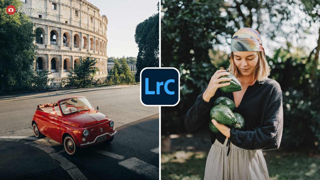 Classic red Fiat 500 convertible by the Colosseum in Rome and a woman holding avocados in natural light, demonstrating the Olive and Earth free Lightroom preset with warm earthy tones and muted greens.