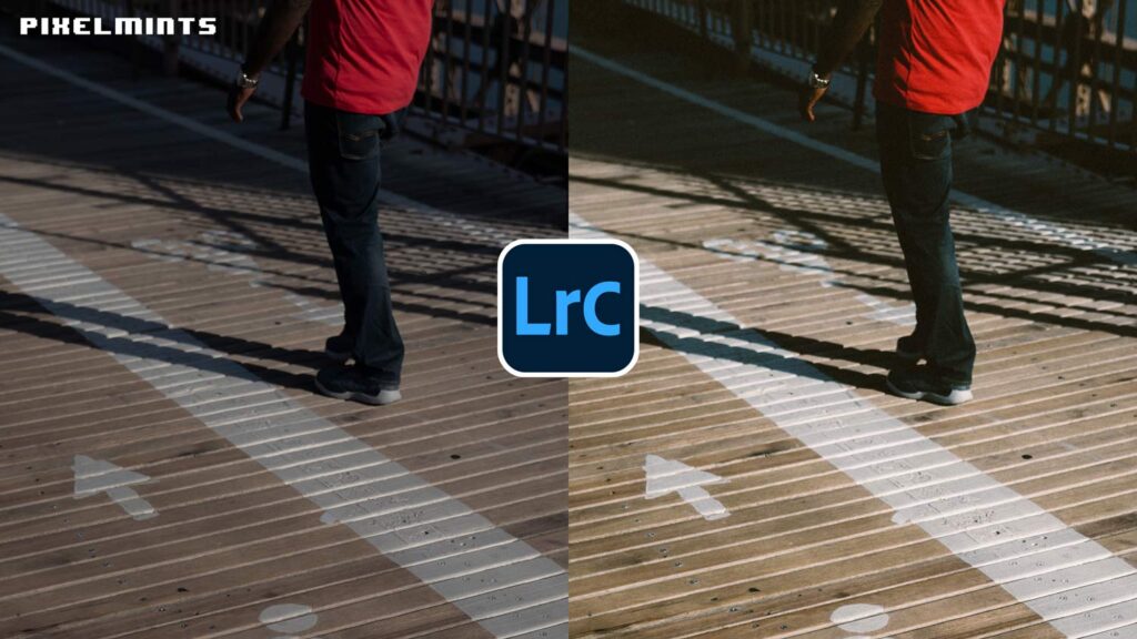 A split-screen before and after comparison featuring the Adobe Lightroom Classic logo in the center. The image shows a person walking on a sunlit wooden bridge, with the edited right side demonstrating the Pixelmints Portra Colour profile adding the nanalogue aesthetic and rich tonal depth.
