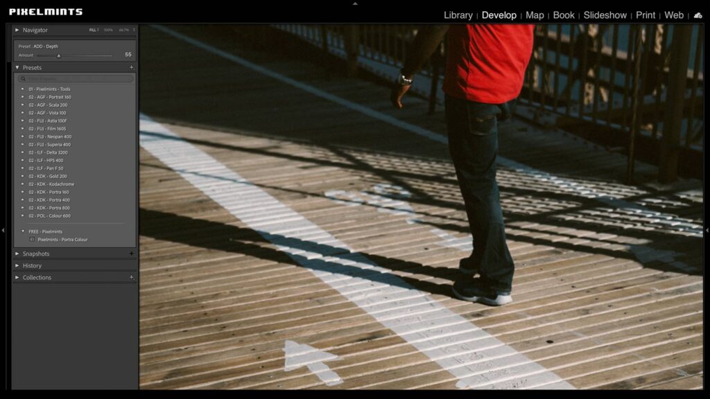 Adobe Lightroom Classic interface displaying the left-side Presets panel. A Kodak Portra 400 inspired edit by Pixelmints is applied to a photo of a person walking on a sunlit wooden footbridge, showcasing the nanalogue aesthetic and rich tonal depth in the shadows.