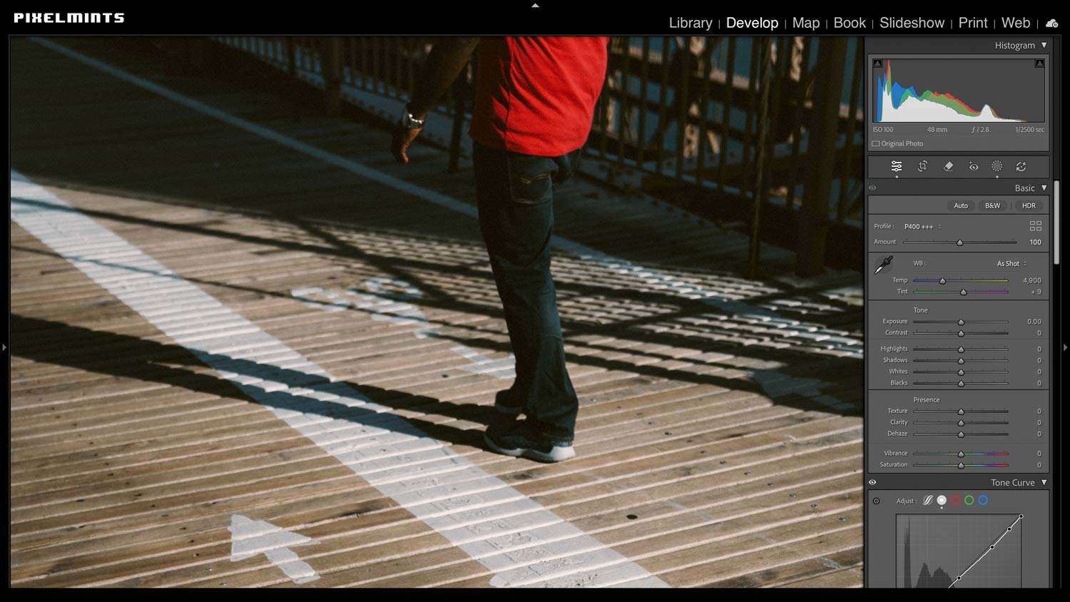 Adobe Lightroom Classic interface focusing on the right-side Tone Curve panel. A Kodak Portra 400 inspired edit by Pixelmints is applied to a photo of a person walking on a sunlit wooden pier, showcasing the nanalogue aesthetic and rich tonal depth.