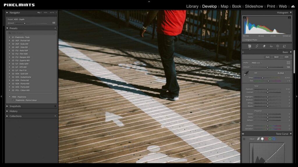 Adobe Lightroom Classic interface displaying the right-side Basic panel and Tone Curve. A Kodak Portra 400 inspired edit by Pixelmints is applied to a photo of a person walking on a sunlit wooden bridge, showcasing the nanalogue aesthetic and rich tonal depth in the shadows.