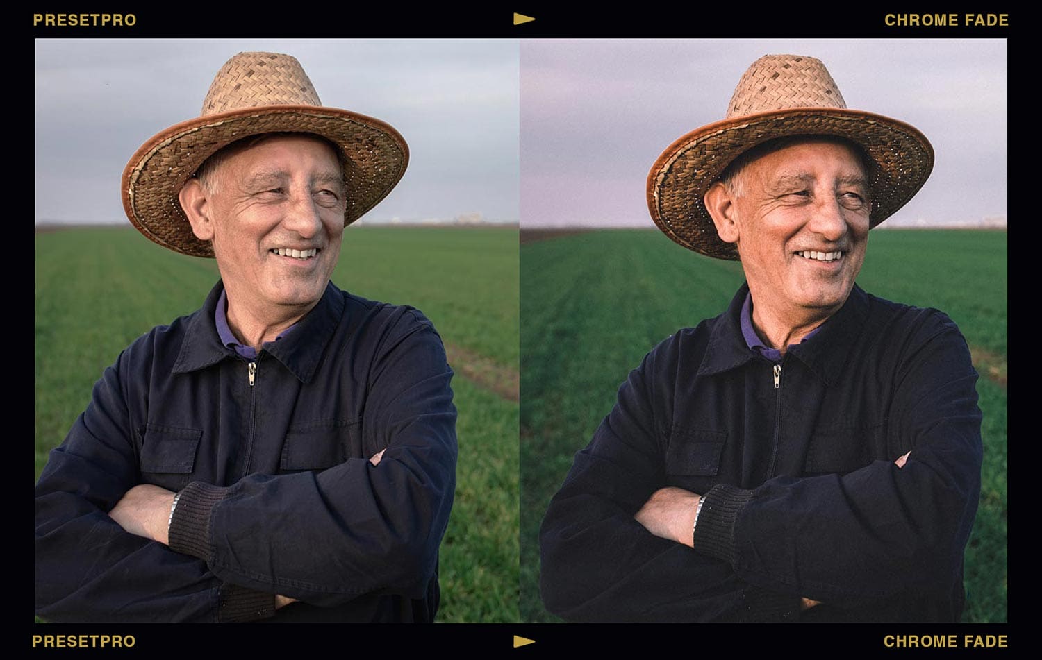 A split-screen before and after comparison framed within a vintage film border featuring Presetpro and Chrome Fade text. The image shows an outdoor portrait of a smiling older man in a straw hat, with the edited right side demonstrating the free Chrome Fade preset adding an analogue aesthetic and rich tonal depth.