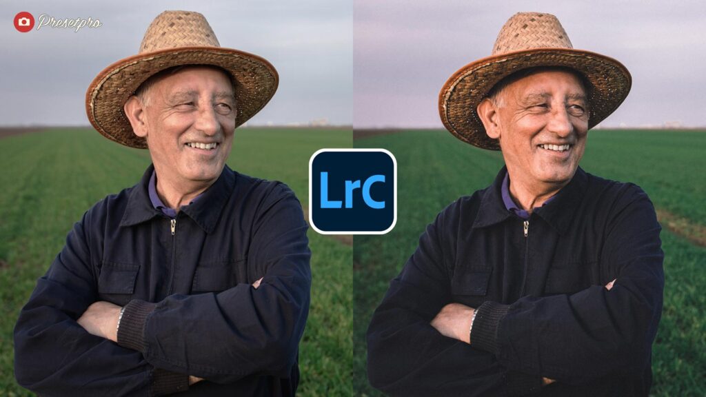 A split-screen before and after comparison featuring the Adobe Lightroom Classic logo in the center. The image shows an outdoor portrait of a smiling older man in a straw hat, with the edited right side demonstrating the free Chrome Fade preset adding an analogue aesthetic and rich tonal depth.