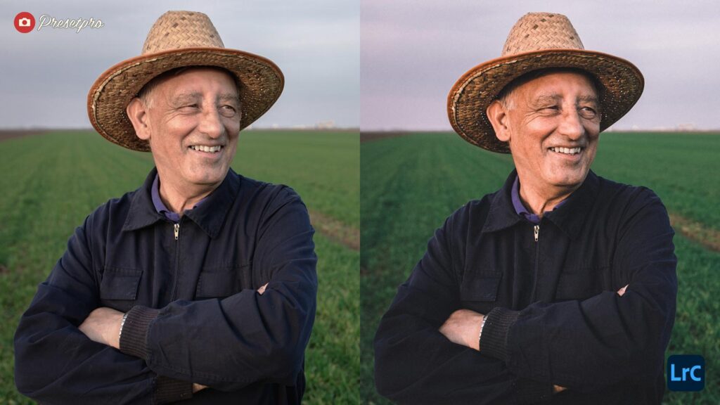 A split-screen before and after comparison with the Adobe Lightroom Classic logo in the bottom right corner. The image features an outdoor portrait of a smiling older man in a straw hat, with the edited right side demonstrating the free Chrome Fade preset applying an analogue aesthetic and rich tonal depth.