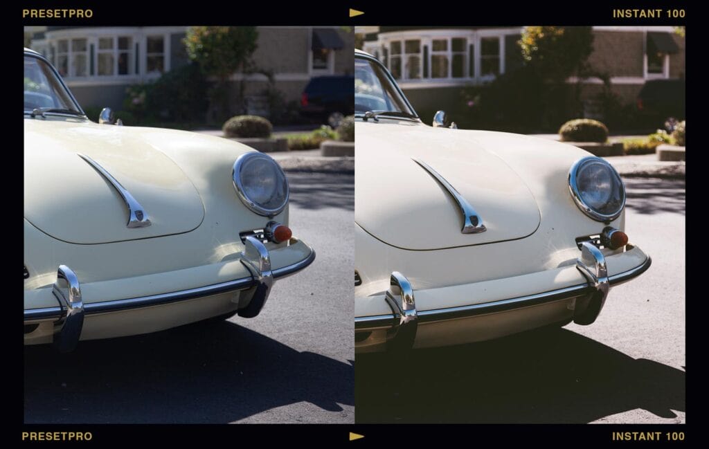 A split-screen before and after editing comparison of a classic cream-coloured sports car styled within a retro film frame. The edited right side demonstrates the Instant 100 Lightroom preset, inspired by Fuji FP-100C film, showcasing faded shadows and rich analogue warmth.