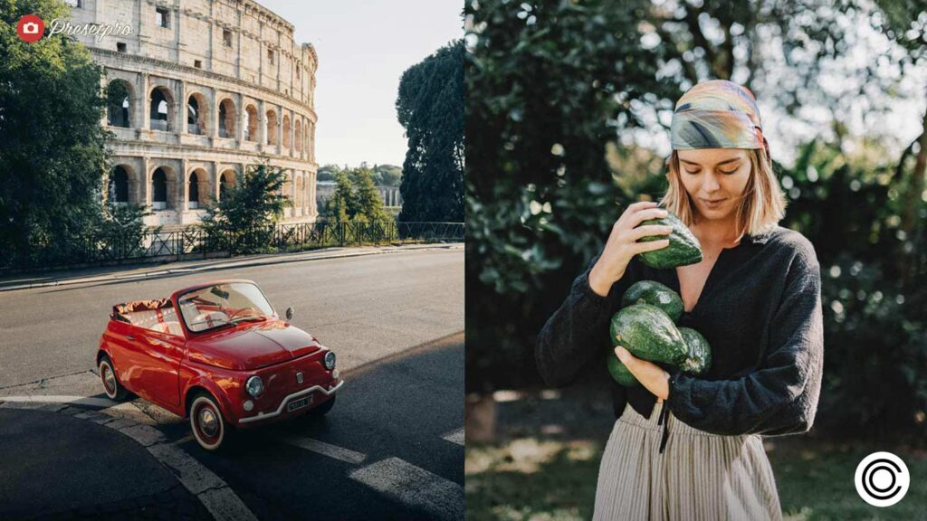 Two looks, one style — a red Fiat 500 near the Colosseum and a woman holding avocados in Rome, both edited with the Olive & Earth free Capture One style