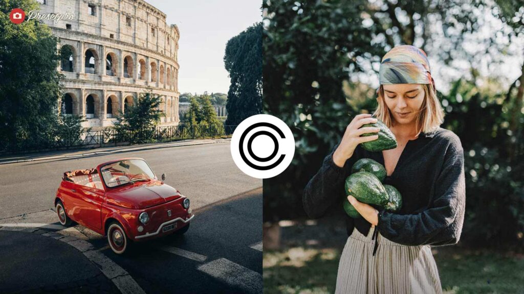 Red Fiat 500 convertible parked near the Colosseum in Rome and a woman in a headscarf holding avocados, edited with the Olive & Earth free Capture One style