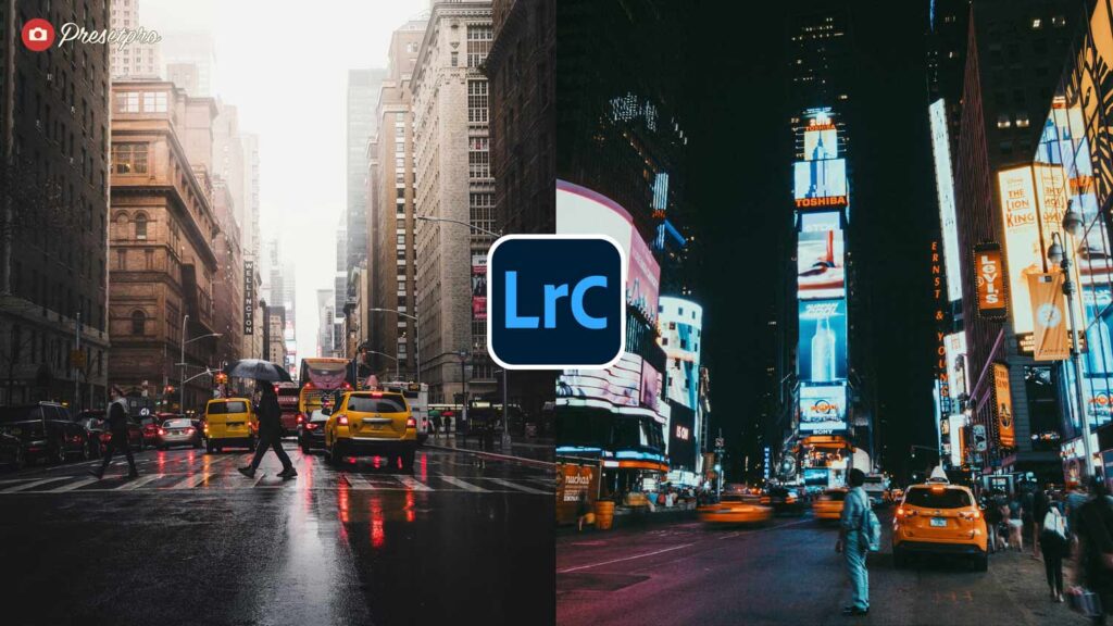 Film Haze Lightroom Preset & Profile before and after — cinematic film look applied to New York City street and Times Square