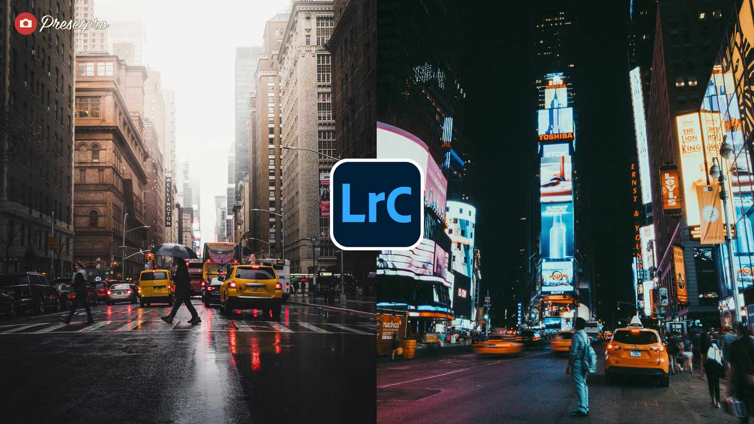 Film Haze Lightroom Preset & Profile before and after — cinematic film look applied to New York City street and Times Square