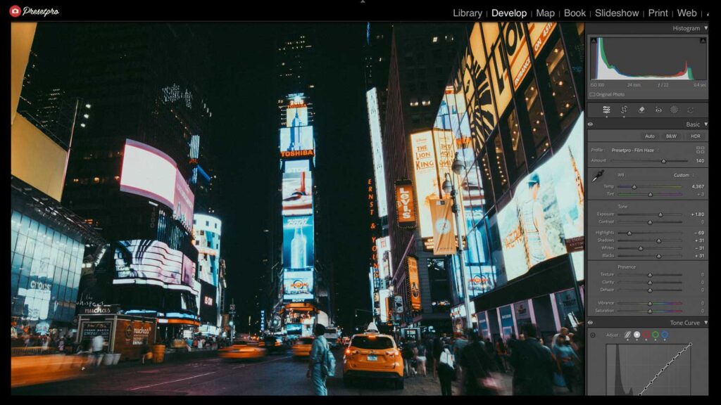Film Haze Lightroom Preset & Profile applied in Adobe Lightroom Classic Develop module — cinematic film look on Times Square at night
