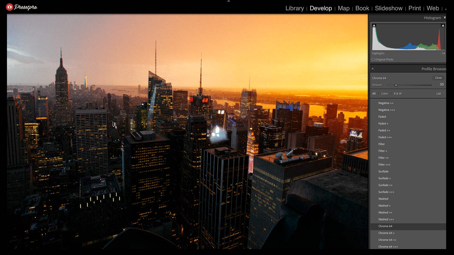 Film Haze Lightroom Preset & Profile Browser in Adobe Lightroom Classic — Faded, Filter, Sunfade, Washed, and Chrome 64 cinematic film profiles on a New York City sunset skyline