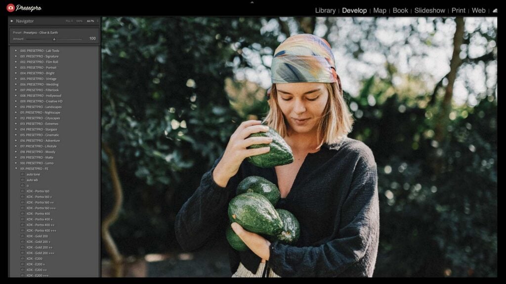Woman holding watermelons outdoors, showcasing photography editing tools.