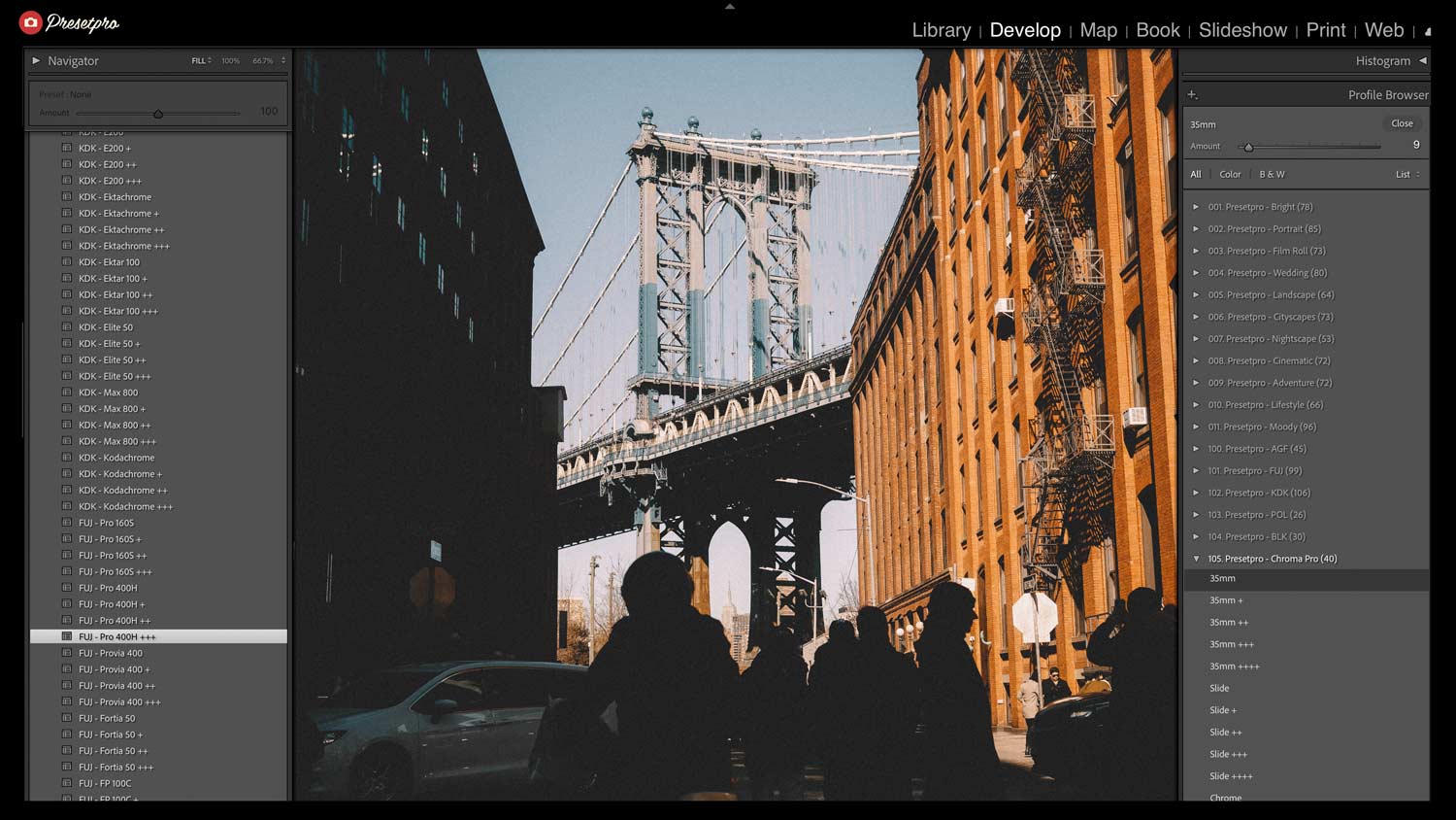Manhattan Bridge street photography with silhouetted figures in warm golden light, cool Fuji Pro 400H film emulation tones on brick and steel architecture.