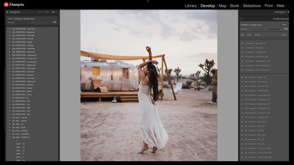 Pampas Grass free Lightroom preset applied to a desert lifestyle portrait in Adobe Lightroom Classic develop module showing the Creative Flow preset library and Profile Browser by Presetpro