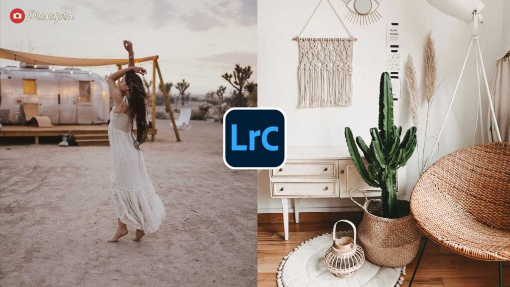 Pampas Grass Lightroom preset and profile from The Creative Flow by Presetpro showing warm earthy boho tones on desert lifestyle and boho interior photography in Lightroom Classic