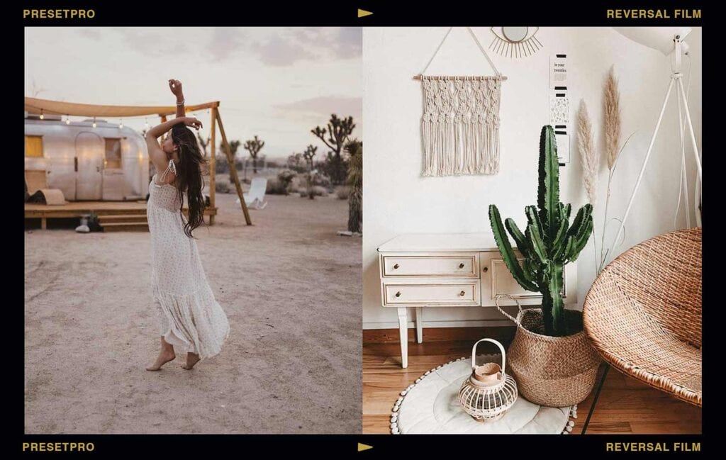 Before and after of the free Pampas Grass Lightroom preset and profile by Presetpro showing warm earthy boho tones and sun-bleached neutrals inspired by reversal film on desert lifestyle and boho interior photography