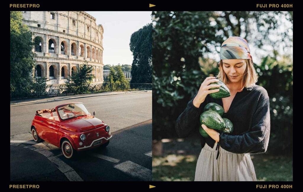 Olive & Earth Lightroom preset on a red vintage Fiat by the Colosseum and a garden portrait — a Fuji Pro 400H film look.