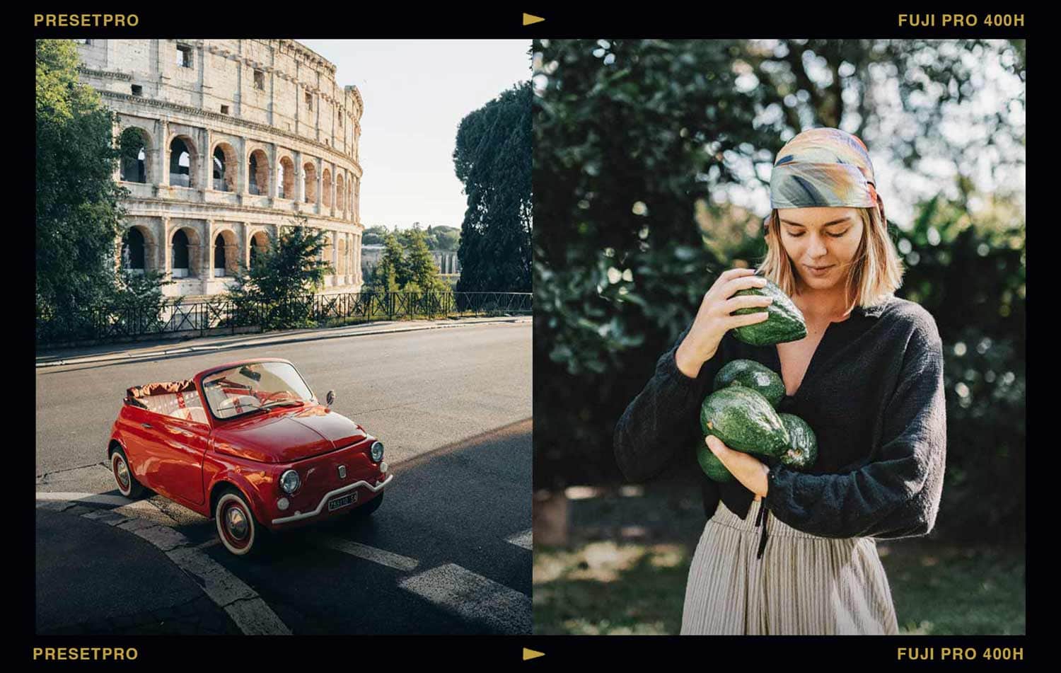 Olive & Earth Lightroom preset on a red vintage Fiat by the Colosseum and a garden portrait — a Fuji Pro 400H film look.