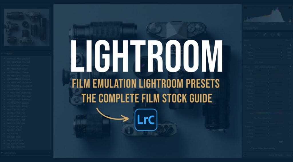 Camera lenses and a rangefinder framed by the Lightroom Classic presets panel, cover image for the Film Emulation Lightroom Presets guide
