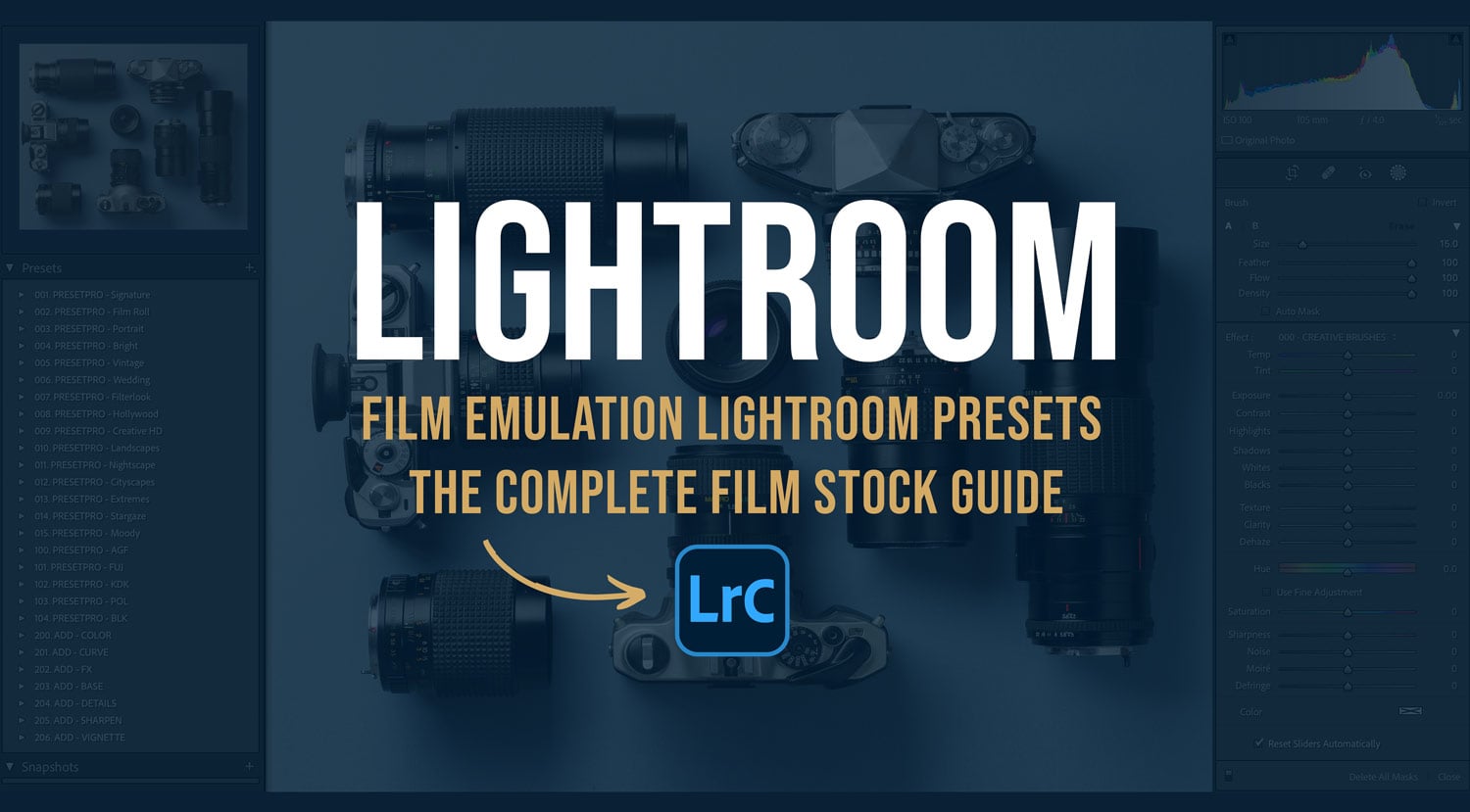 Camera lenses and a rangefinder framed by the Lightroom Classic presets panel, cover image for the Film Emulation Lightroom Presets guide