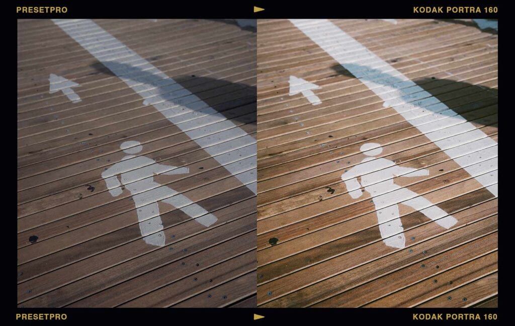 Before and after of a painted pedestrian crossing symbol on a wood boardwalk, unedited on the left and with the Kodak Portra 160 inspired Lightroom preset applied on the right, showing warmer wood tones and softer contrast