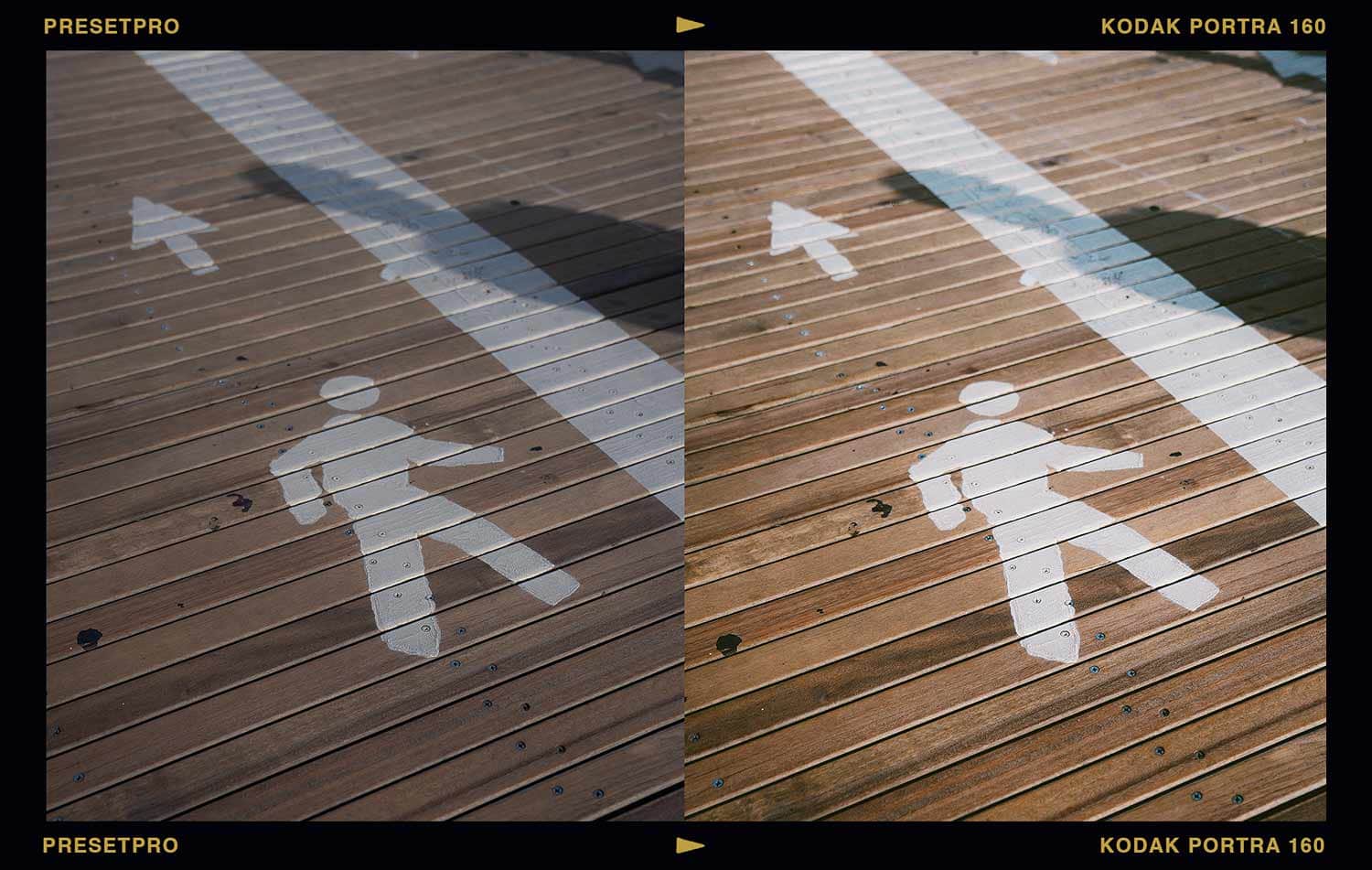 Before and after of a painted pedestrian crossing symbol on a wood boardwalk, unedited on the left and with the Kodak Portra 160 inspired Lightroom preset applied on the right, showing warmer wood tones and softer contrast
