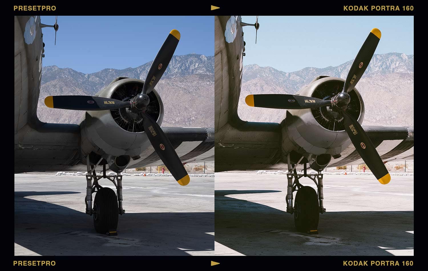 Before and after of a Douglas C-47 Skytrain at the Palm Springs Air Museum, unedited on the left and with the Kodak Portra 160 inspired Lightroom preset applied on the right, showing warmer metal tones and softer contrast