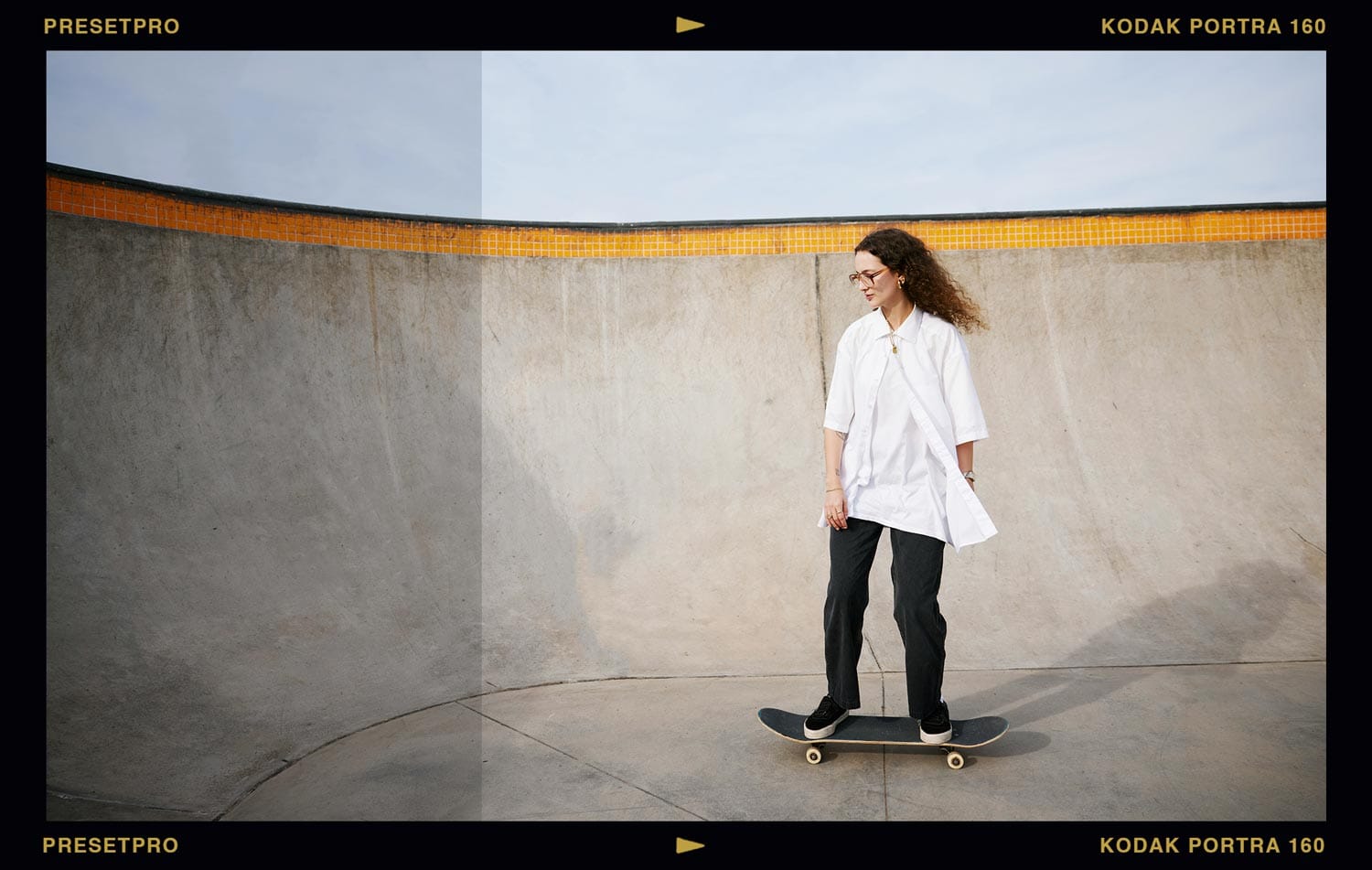 Before and after portrait of a woman with a skateboard in a concrete skate bowl, unedited on the left and with the Kodak Portra 160 inspired Lightroom preset applied on the right, showing softer highlights and warmer skin tones in direct sunlight