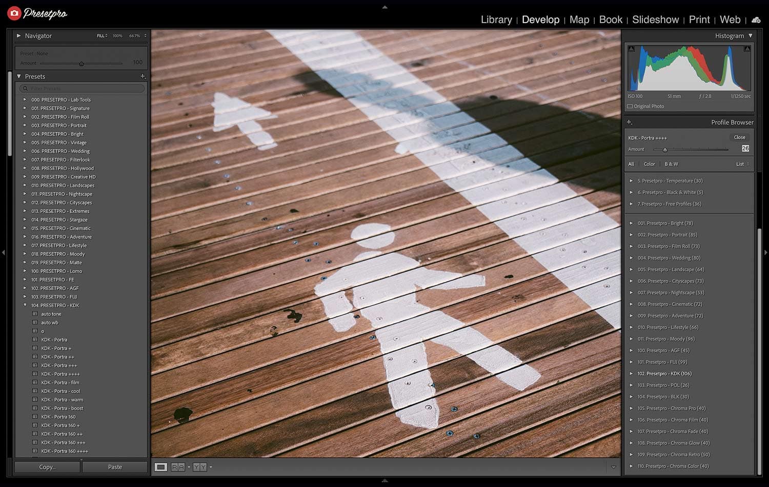 Lightroom Classic Develop module showing the Kodak Portra 160 inspired preset family by Presetpro applied to a photo of a painted pedestrian crossing symbol on a wood boardwalk, with a matching Portra profile and Amount slider open in the Profile Browser