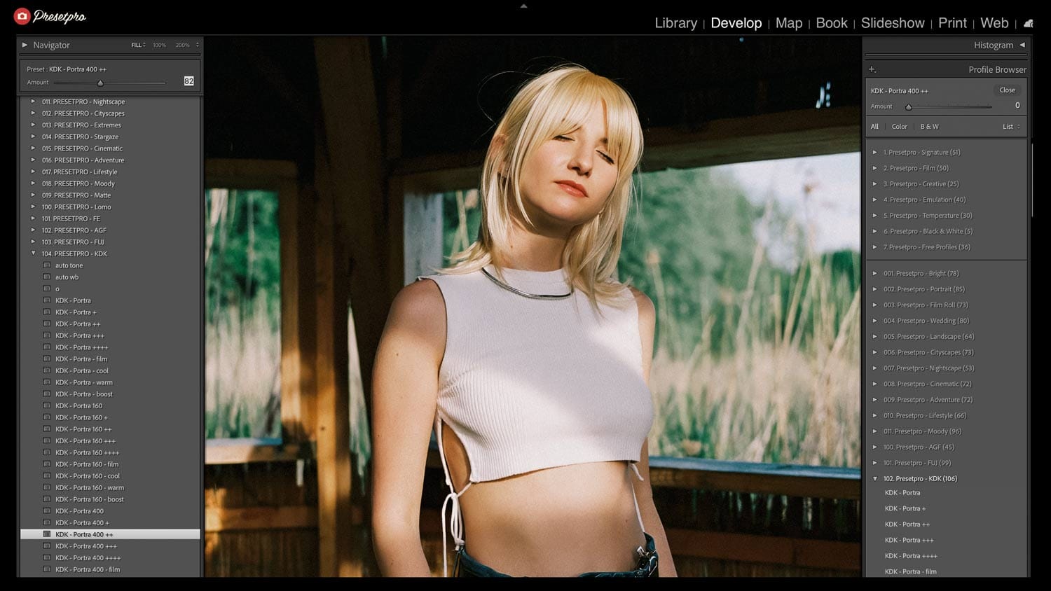 Lightroom Classic Develop module showing the Kodak Portra 400 inspired preset applied to a portrait at 82% strength, with the matching profile visible in the Profile Browser panel