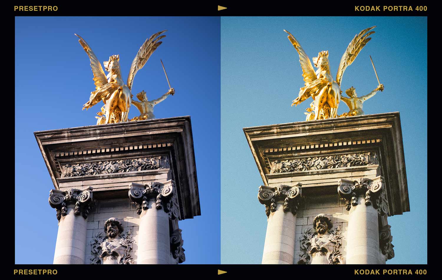 Before and after of a gilded winged horse and rider statue atop a stone monument, unedited on the left and with the Kodak Portra 400 inspired Lightroom preset applied on the right, showing warmer golden tones and added film grain