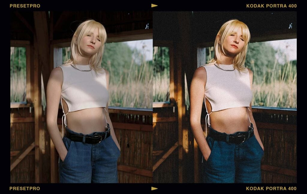 Before and after portrait split, unedited on the left and with the Kodak Portra 400 inspired Lightroom preset applied on the right, showing warmer skin tones and added film grain