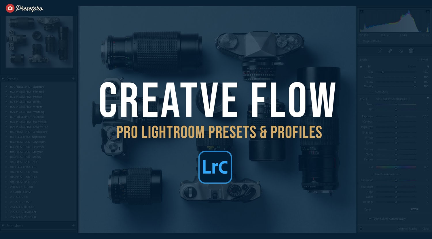 The Creative Flow — PresetPro's complete Lightroom preset and profile collection, shown inside the Lightroom Classic Develop module