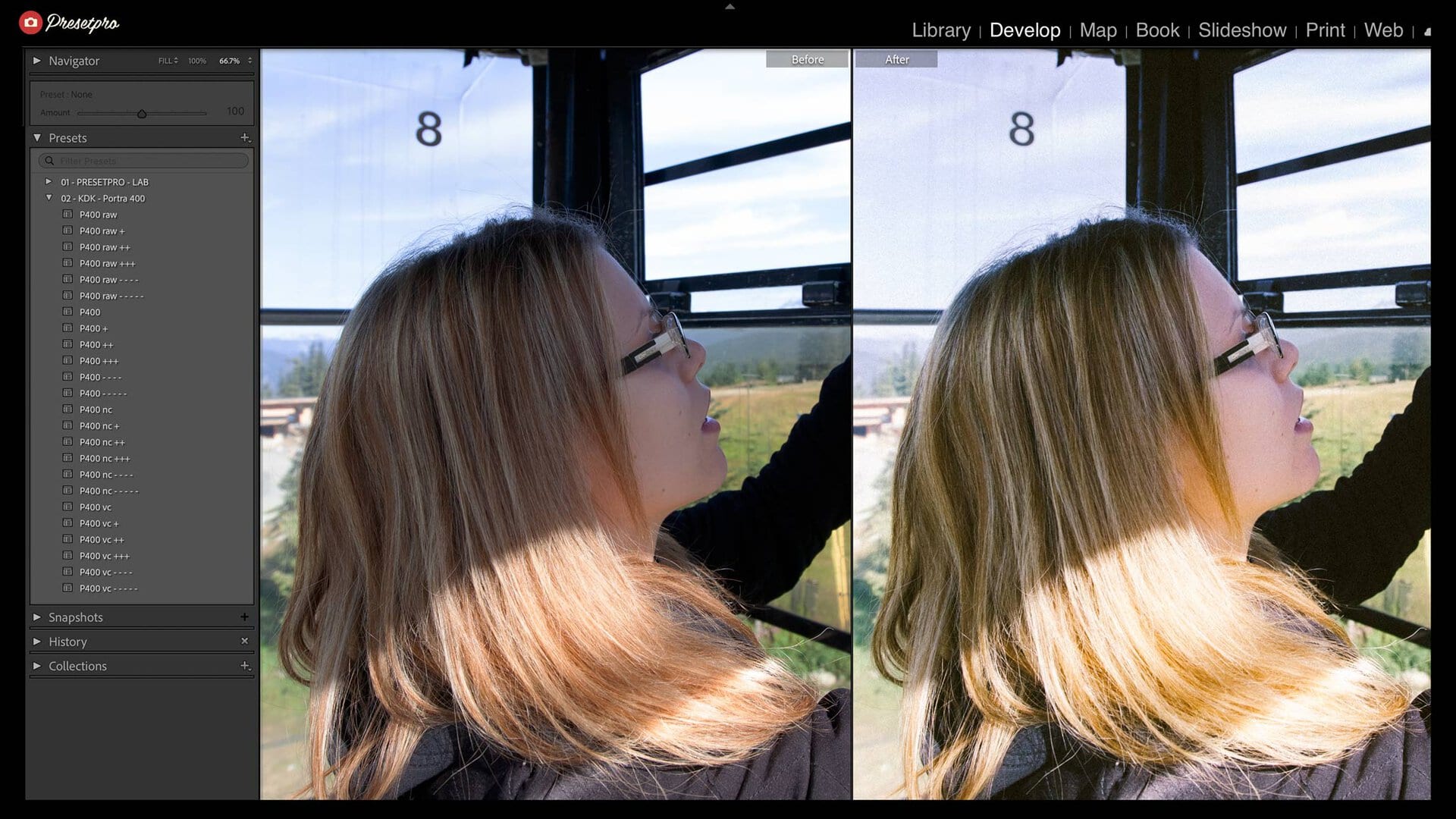 Lightroom Classic before and after comparison: default rendering versus the P400 raw DCP camera profile on the same RAW file
