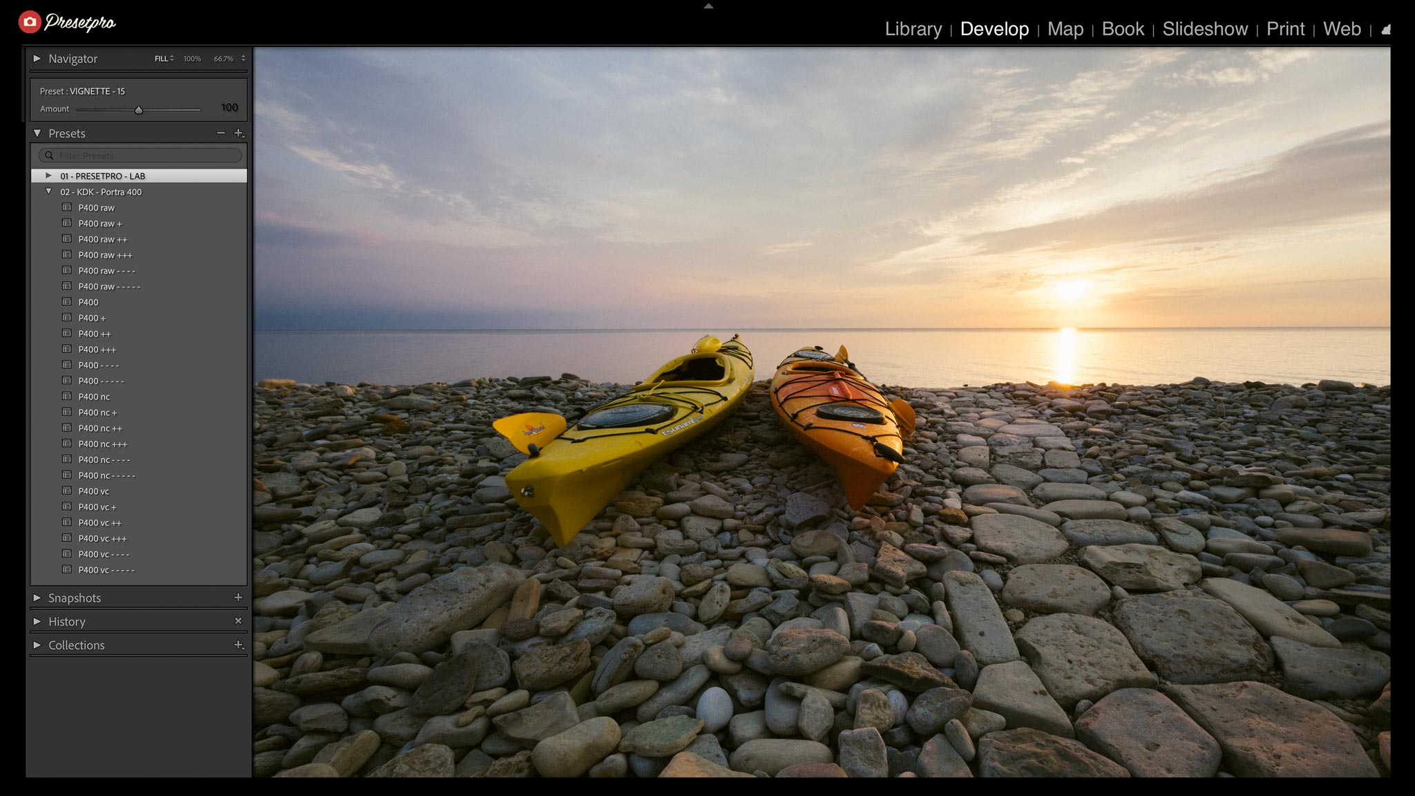 Lightroom Classic presets panel with the PRESETPRO LAB applied: a vignette preset finishing the P400 raw look on the kayak photo