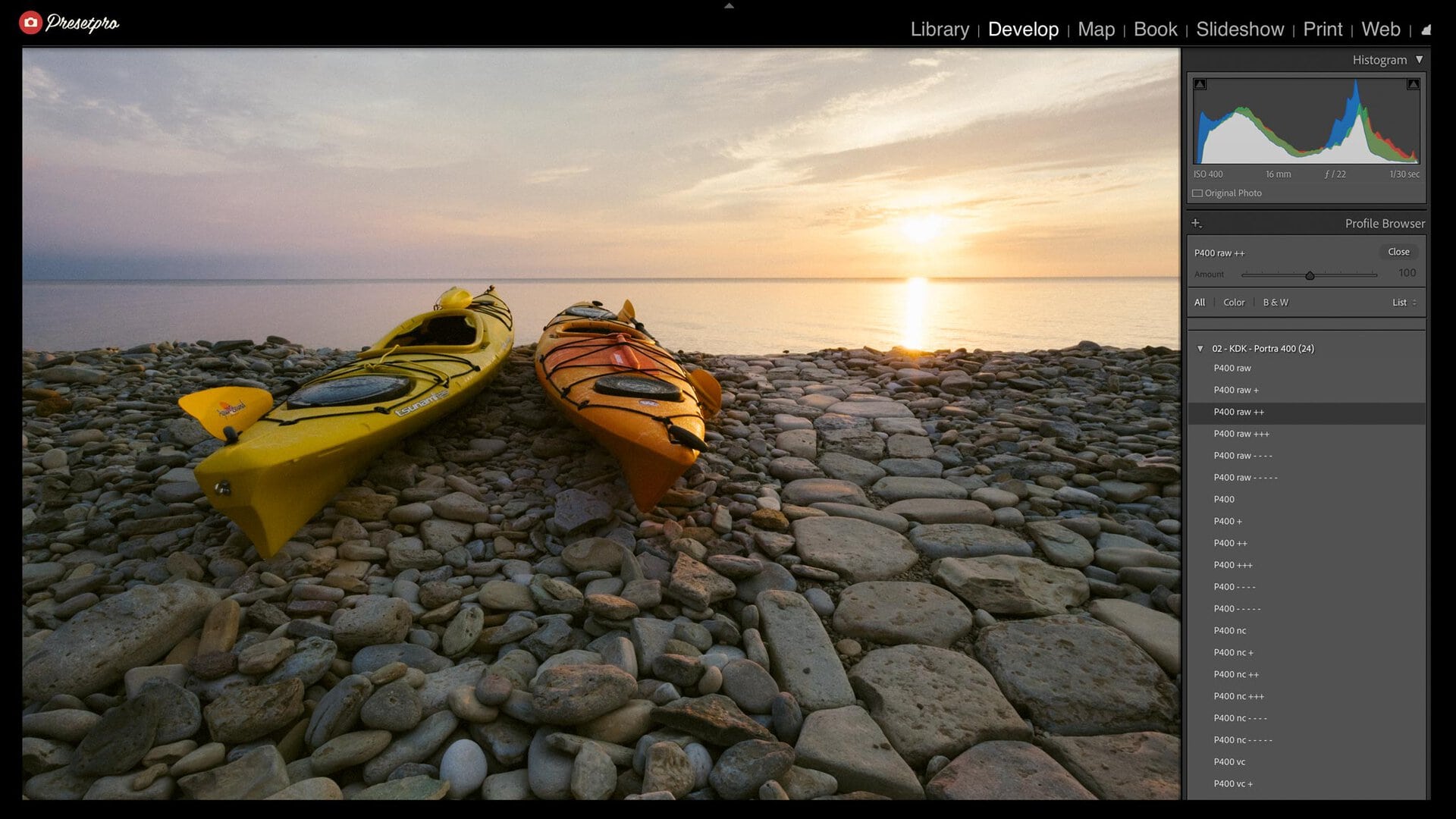 Lightroom Classic Profile Browser showing the RAW Series P400 group with the P400 raw ++ camera profile selected