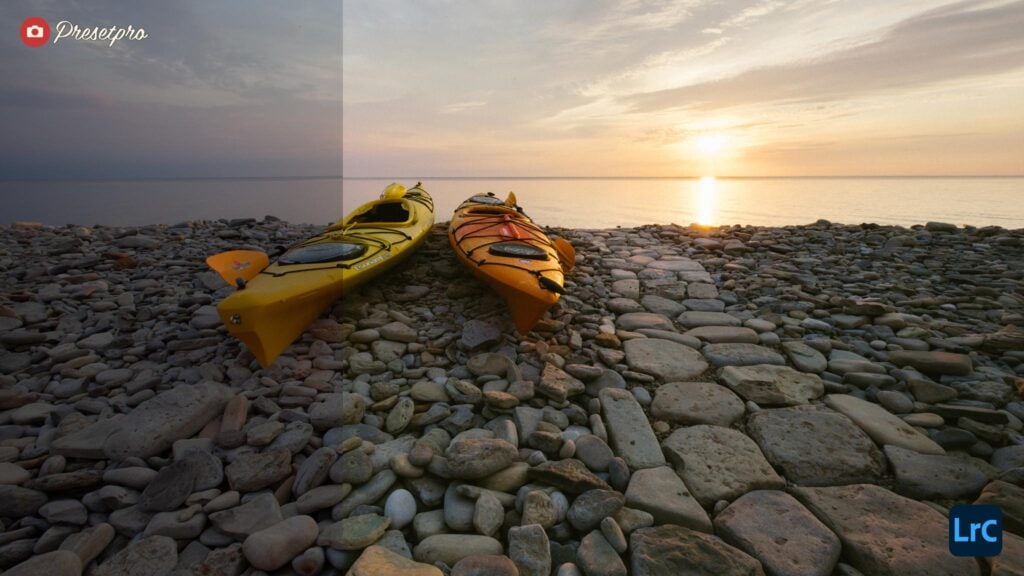 Split before and after of a sunset kayak photo: untouched RAW on the left, the P400 raw DCP camera profile rendering on the right