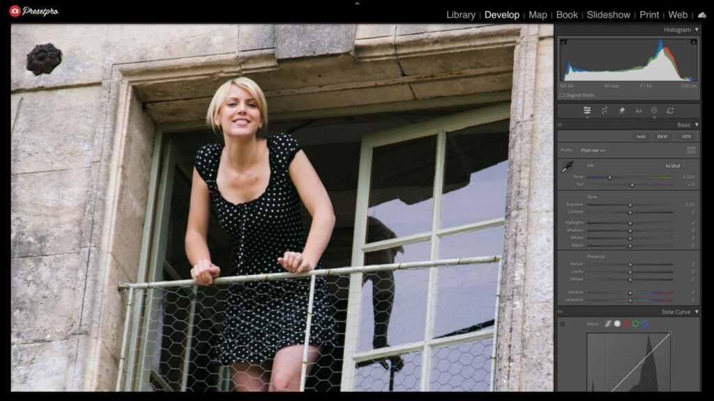 Lightroom Classic with the P160 raw ++ camera profile applied to a portrait and every tone and color slider at zero