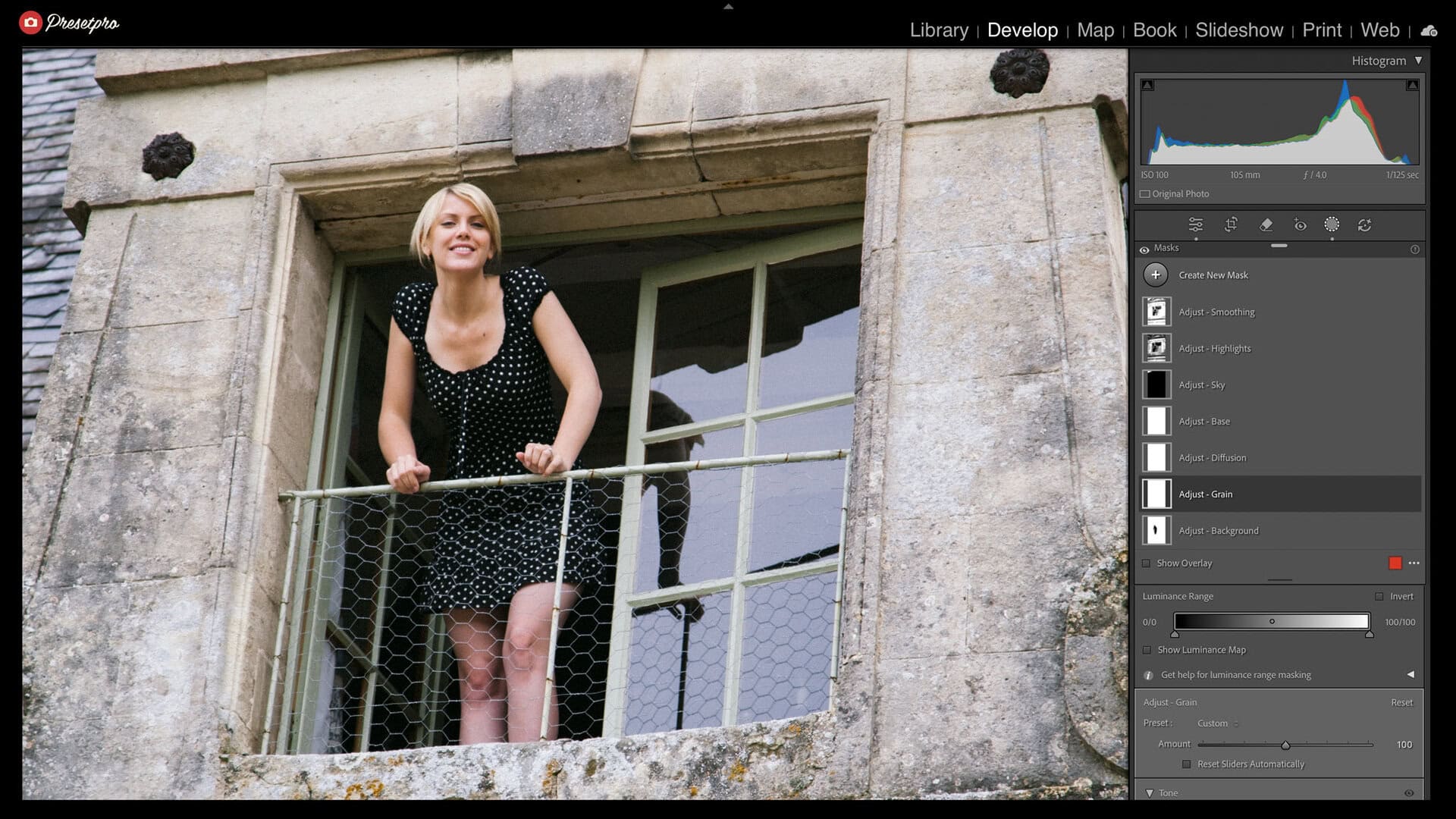 Lightroom Classic with the P160 raw ++ camera profile applied to a portrait and every tone and color slider at zero