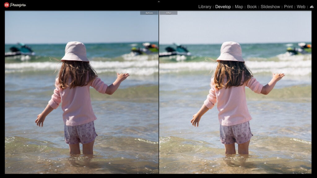 Before and after of a bright shoreline photo with the RAW Series G200 raw camera profile, the sea warming from cyan to a softer teal