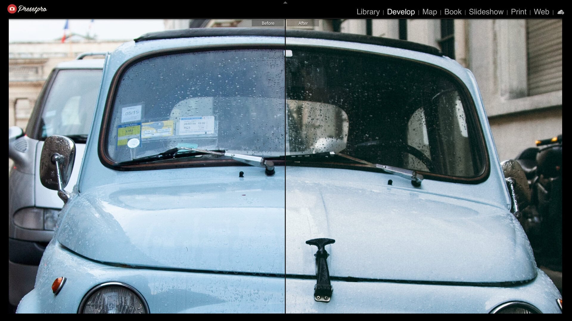 Before and after split of a vintage pale blue car in the rain with the S400 raw look, the windshield deepening and the wet hood holding detail