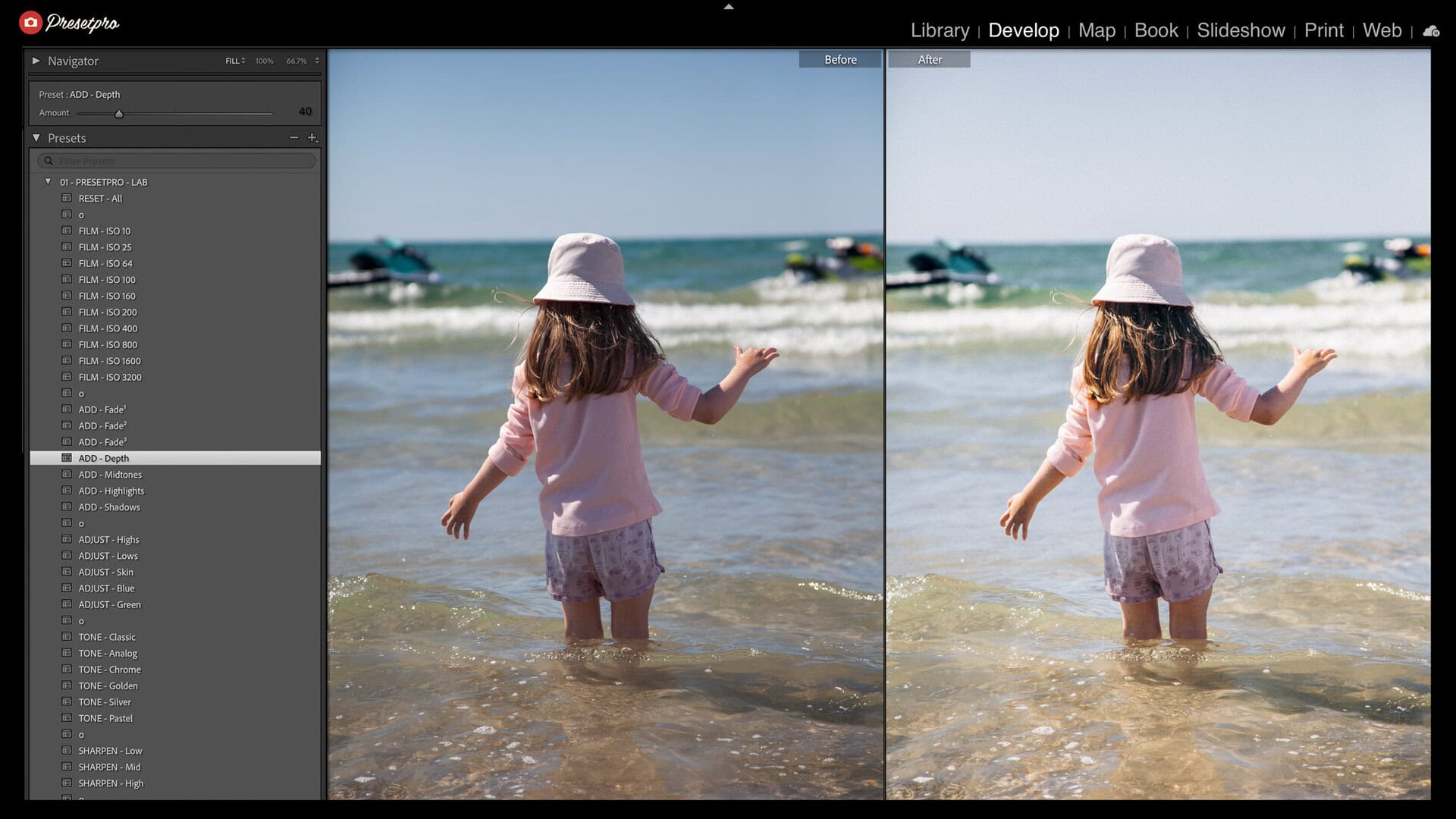 PRESETPRO LAB tool ADD - Depth applied at 40 on top of the G200 raw look on a shoreline photo in Lightroom Classic